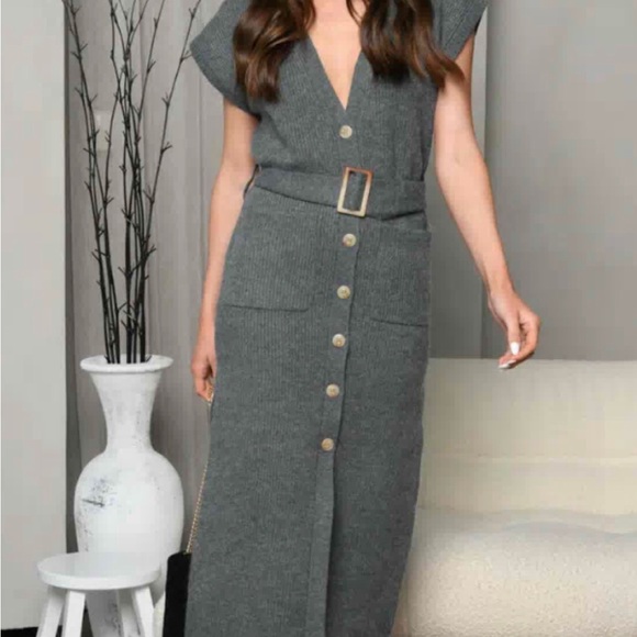 Charcoal Grey ribbed knit sweater dress - Picture 4 of 5